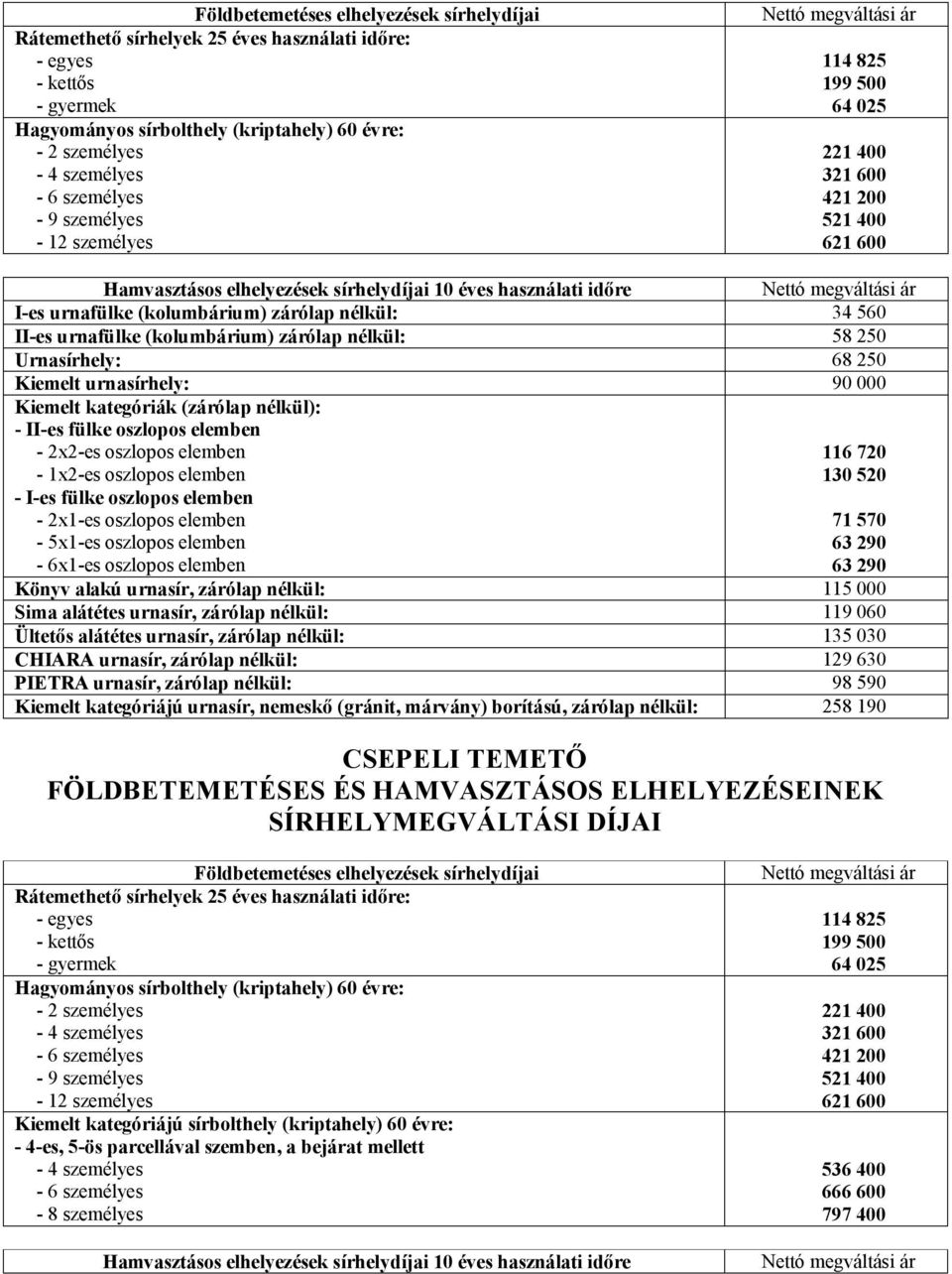 720-1x2-es oszlopos elemben 130 520-2x1-es oszlopos elemben 71 570-5x1-es oszlopos elemben 63 290-6x1-es oszlopos elemben 63 290 Könyv alakú urnasír, zárólap nélkül: 115 000 Sima alátétes urnasír,