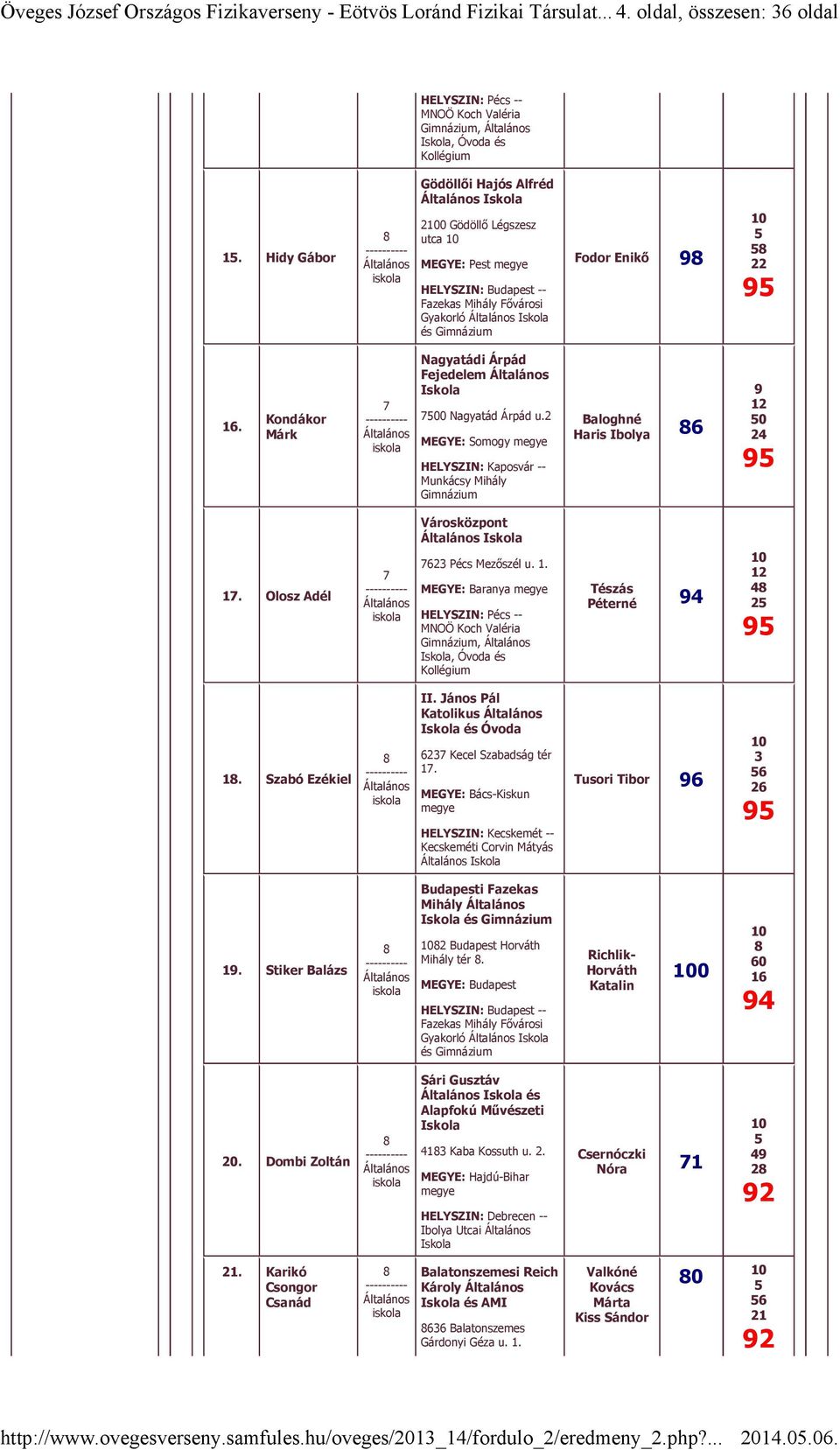 MEGYE: Somogy HELYSZIN: Kaposvár -- Munkácsy Mihály Baloghné Haris Ibolya Városközpont. Olosz Adél Pécs Mezőszél u.. MEGYE: Baranya HELYSZIN: Pécs -- MNOÖ Koch Valéria,, Óvoda és Tészás Péterné.