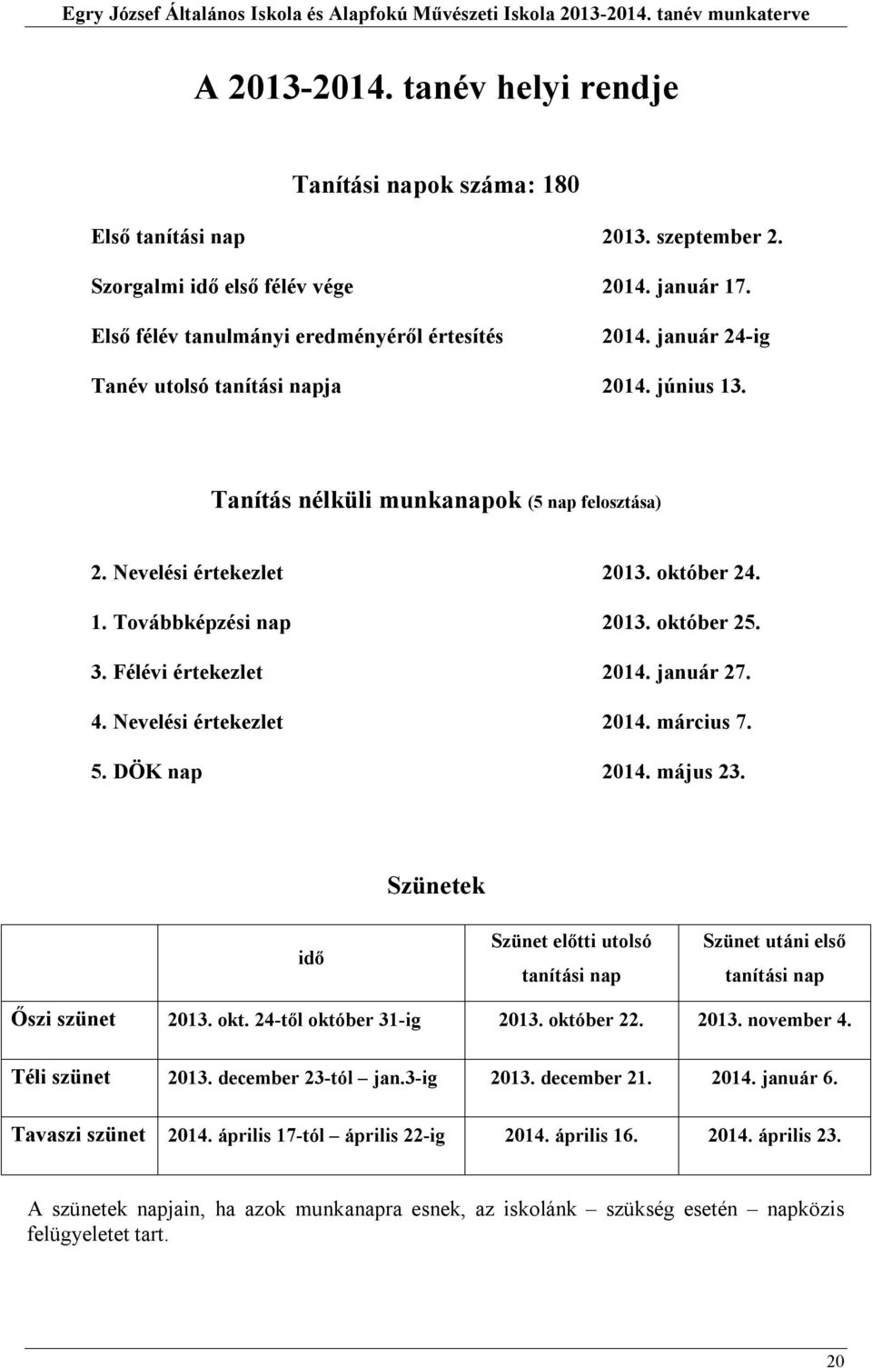 Nevelési értekezlet 03. október 4.. Továbbképzési nap 03. október 5. 3. Félévi értekezlet 04. január 7. 4. Nevelési értekezlet 04. március 7. 5. DÖK nap 04. május 3.