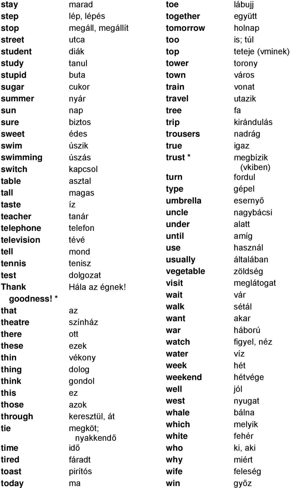 that az theatre színház there ott these ezek thin vékony thing dolog think gondol this ez those azok through keresztül, át tie megköt; nyakkendő time idő tired fáradt toast pirítós today ma toe