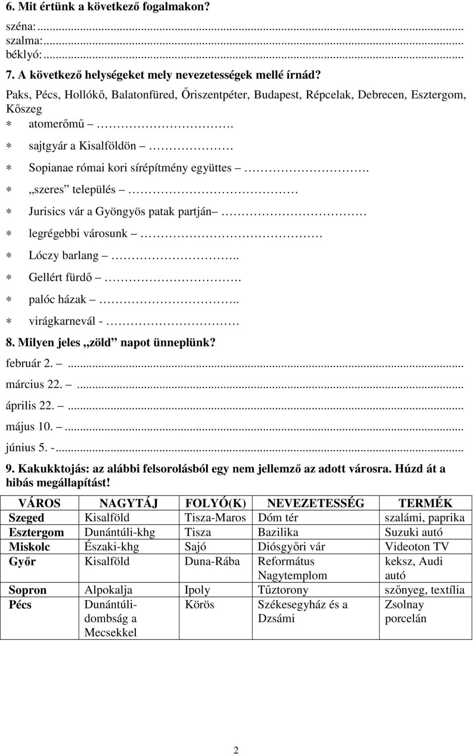 szeres település Jurisics vár a Gyöngyös patak partján legrégebbi városunk Lóczy barlang.. Gellért fürdő. palóc házak.. virágkarnevál - 8. Milyen jeles zöld napot ünneplünk? február 2.... március 22.