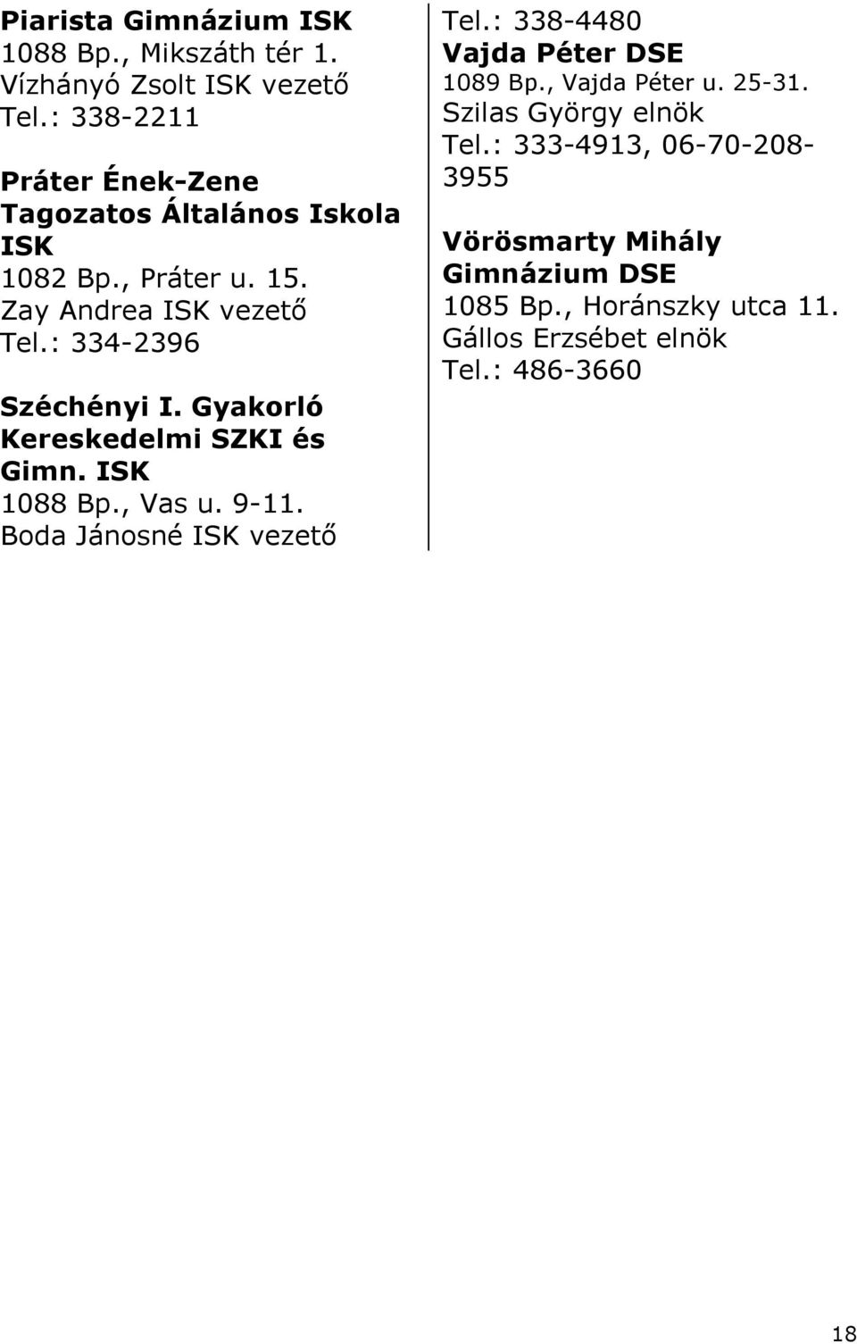 : 334-2396 Széchényi I. Gyakorló Kereskedelmi SZKI és Gimn. 1088 Bp., Vas u. 9-11. Boda Jánosné vezetı Tel.