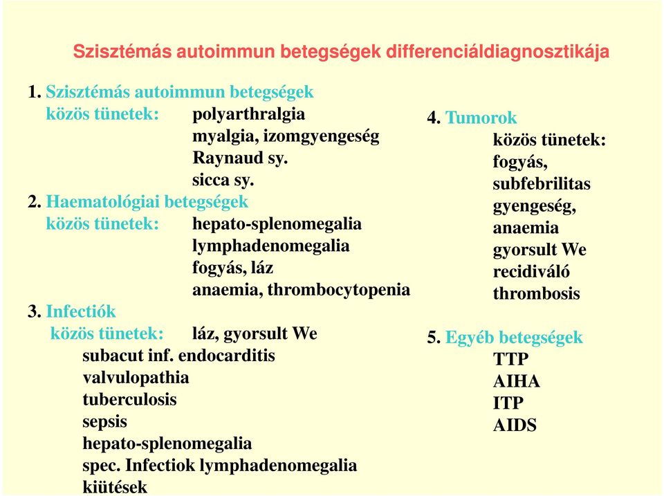 Haematológiai betegségek közös tünetek: hepato-splenomegalia lymphadenomegalia fogyás, láz anaemia, thrombocytopenia 3.