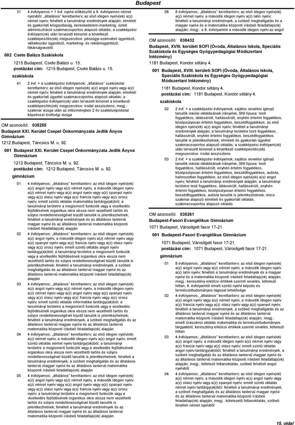 vállalkozási ügyintéző, marketing- és reklámügyintéző, titkárságvezető 002 Csete Balázs Szakiskola 1215 Budapest, Csete Balázs u. 15. postázási cím: 1215 Budapest, Csete Balázs u. 15. 41 2 évf.