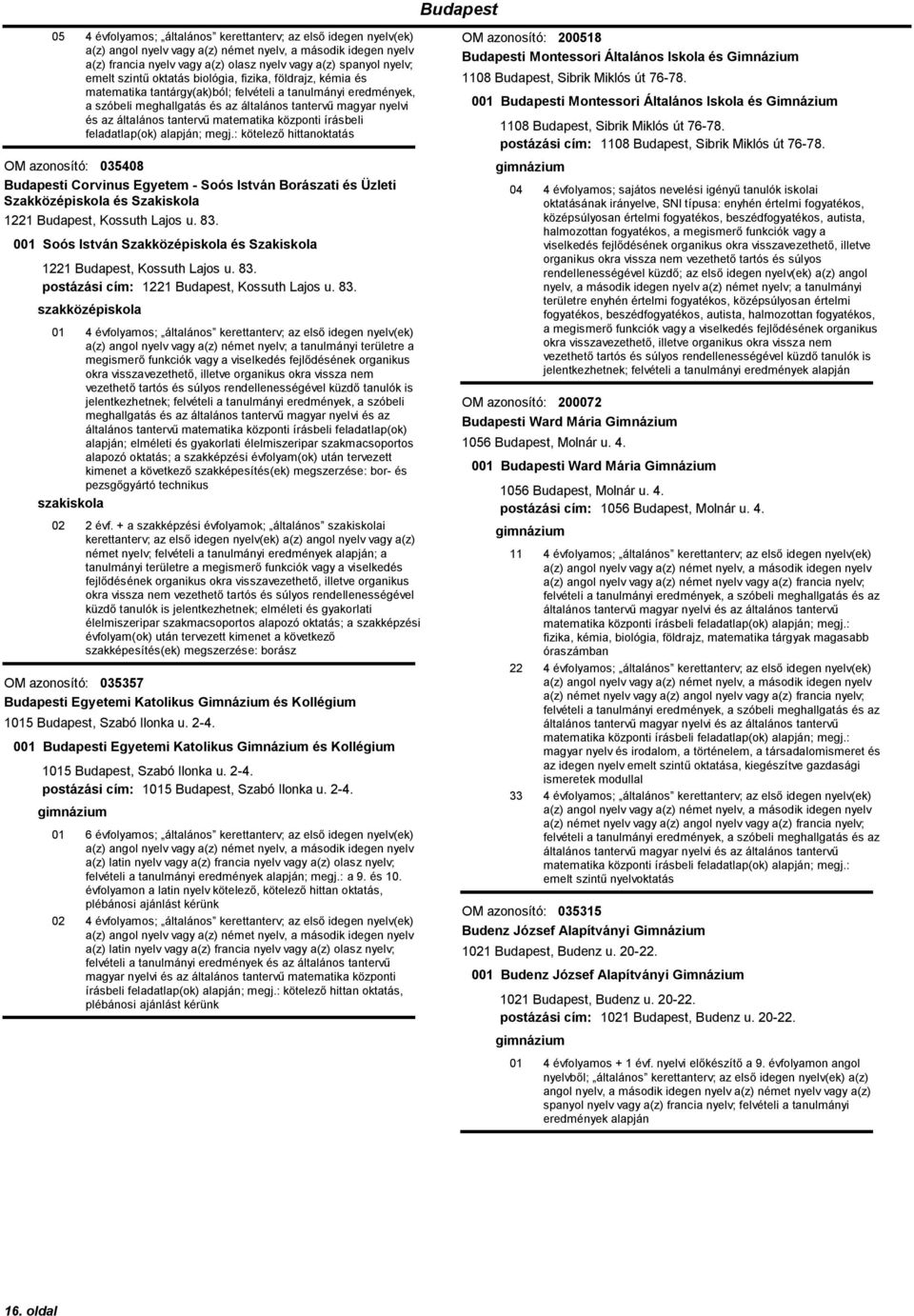 megj.: kötelező hittanoktatás OM azonosító: 035408 Budapesti Corvinus Egyetem - Soós István Borászati és Üzleti Szakközépiskola és Szakiskola 1221 Budapest, Kossuth Lajos u. 83.