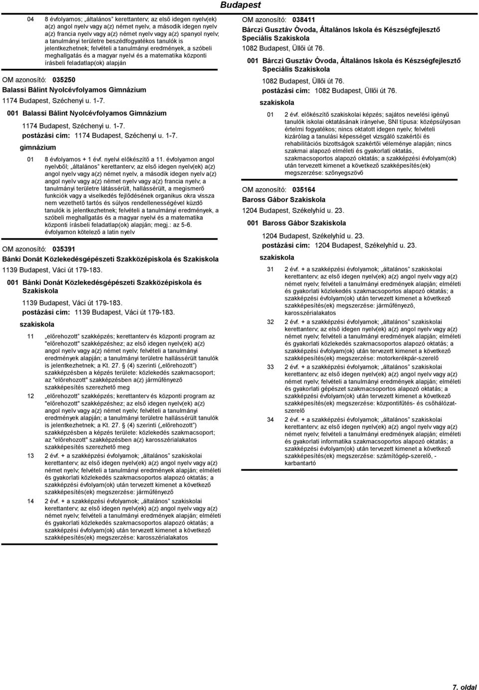 Gimnázium 1174 Budapest, Széchenyi u. 1-7. 001 Balassi Bálint Nyolcévfolyamos Gimnázium 1174 Budapest, Széchenyi u. 1-7. postázási cím: 1174 Budapest, Széchenyi u. 1-7. 01 8 évfolyamos + 1 évf.