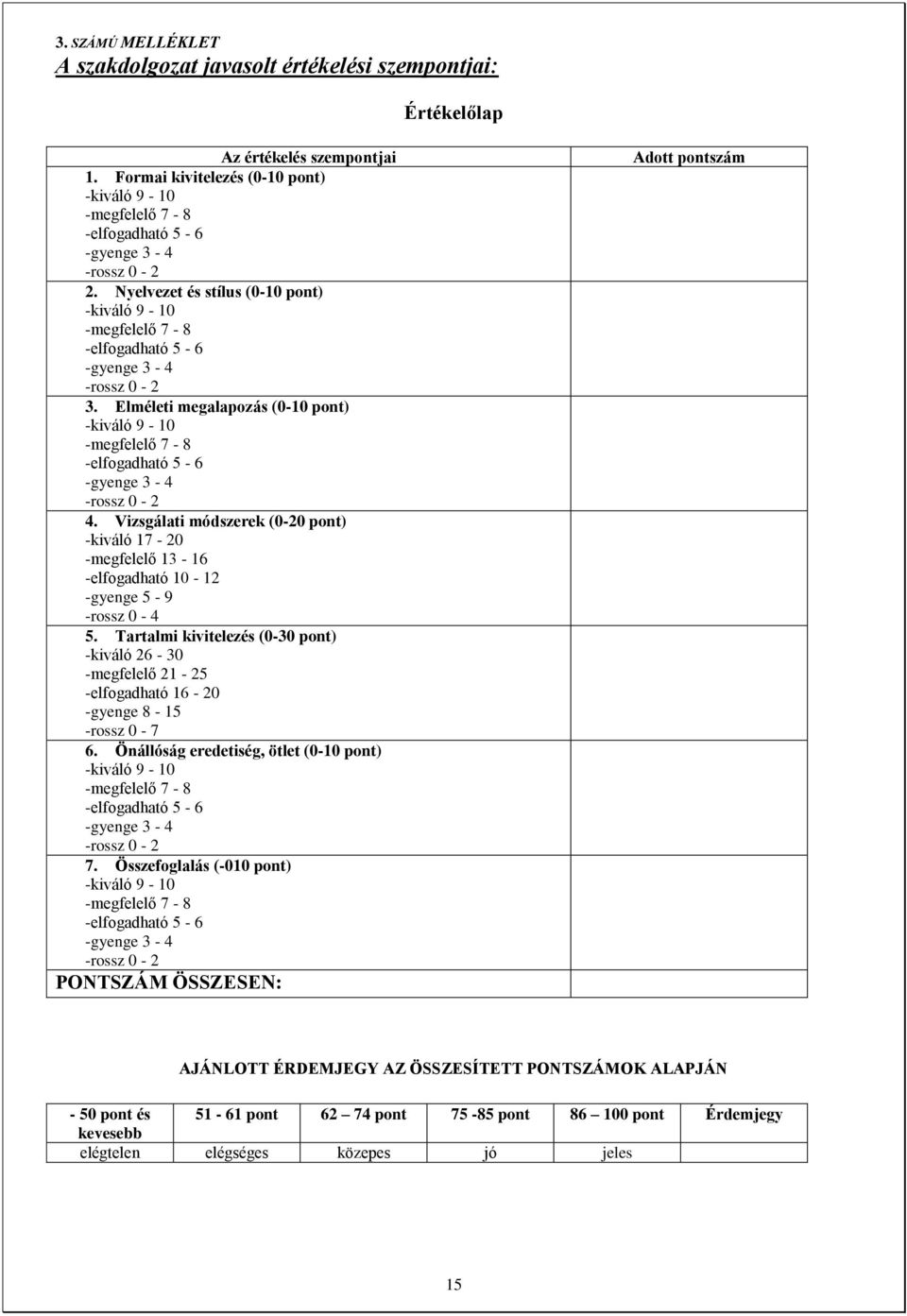 Nyelvezet és stílus (0-10 pont) -kiváló 9-10 -megfelelő 7-8 -elfogadható 5-6 -gyenge 3-4 -rossz 0-2 3.