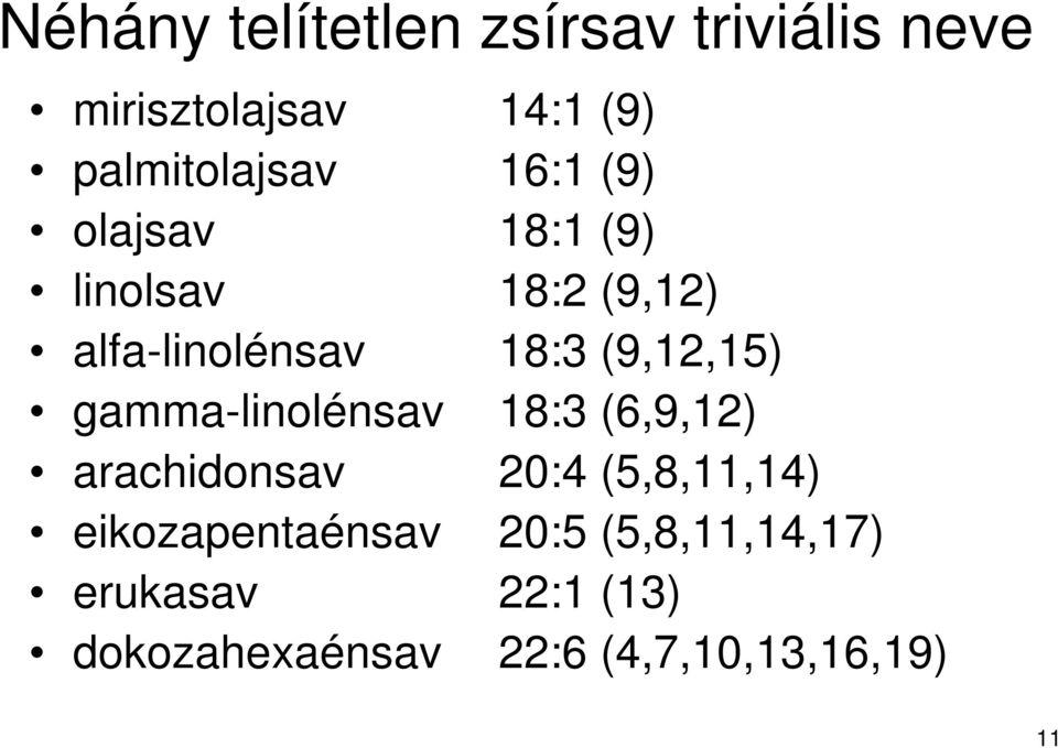 gamma-linolénsav 18:3 (6,9,12) arachidonsav 20:4 (5,8,11,14) eikozapentaénsav