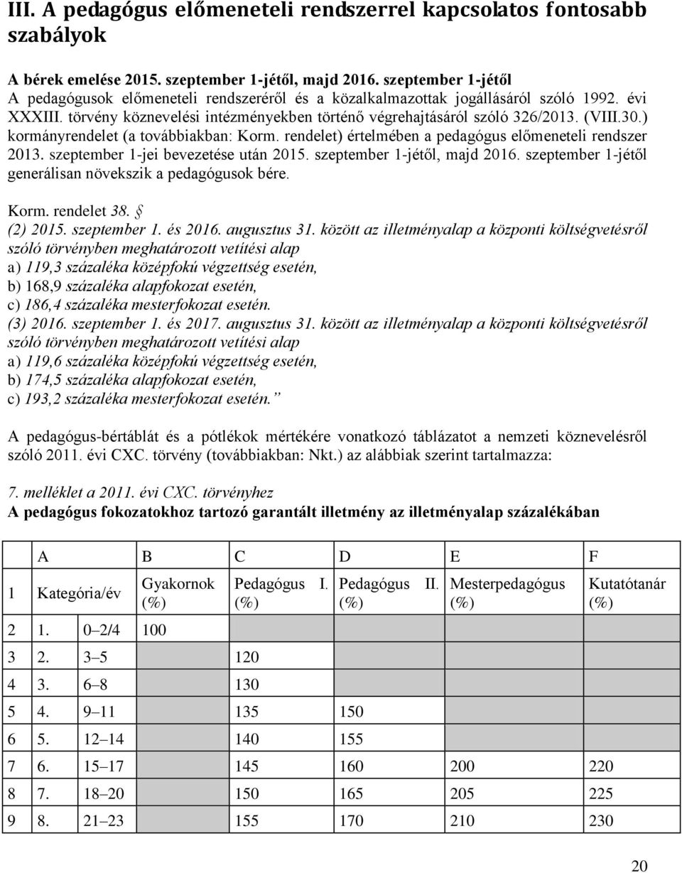 30.) kormányrendelet (a továbbiakban: Korm. rendelet) értelmében a pedagógus előmeneteli rendszer 2013. szeptember 1-jei bevezetése után 2015. szeptember 1-jétől, majd 2016.