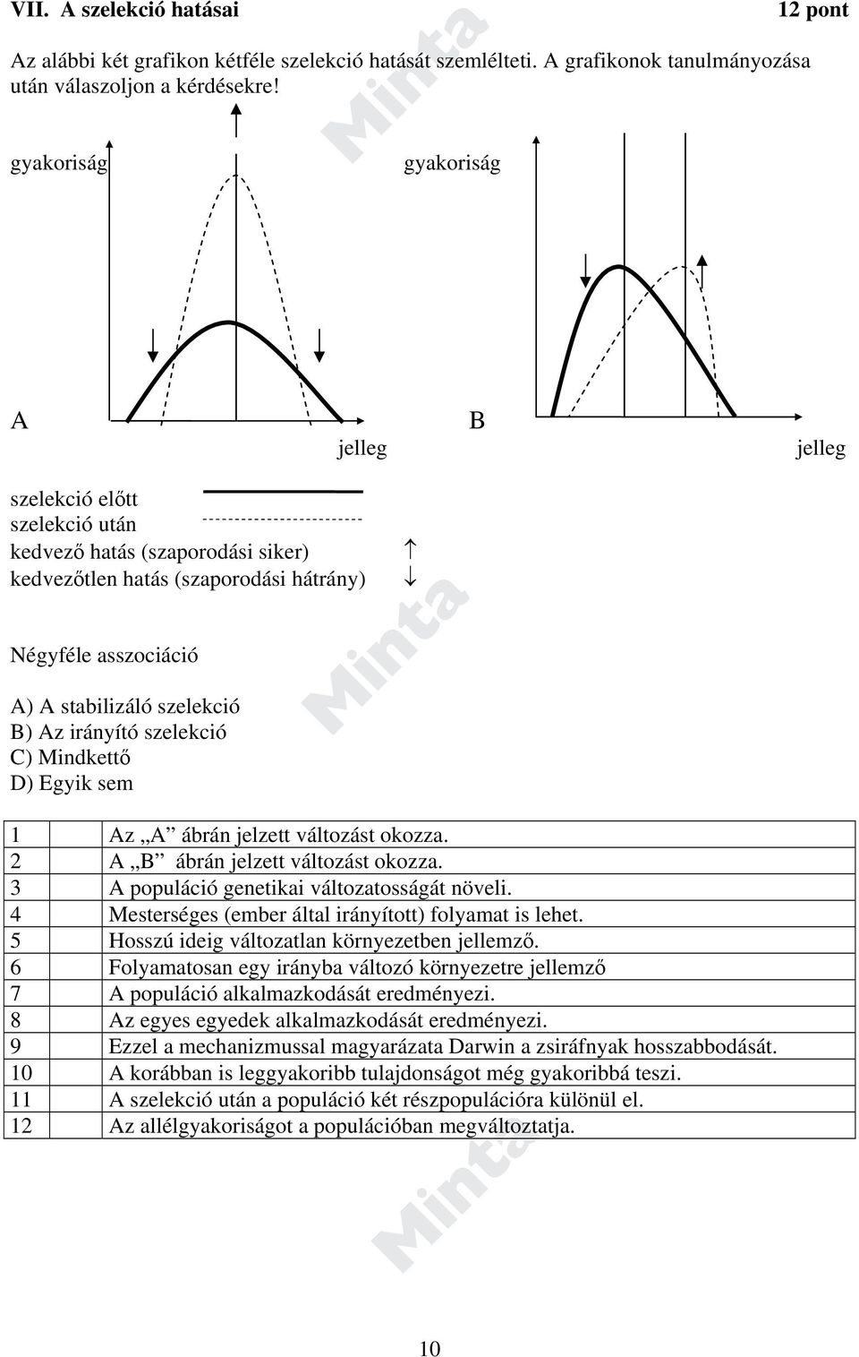 szelekció B) Az irányító szelekció C) Mindkettő D) Egyik sem 1 Az A ábrán jelzett változást okozza. 2 A B ábrán jelzett változást okozza. 3 A populáció genetikai változatosságát növeli.