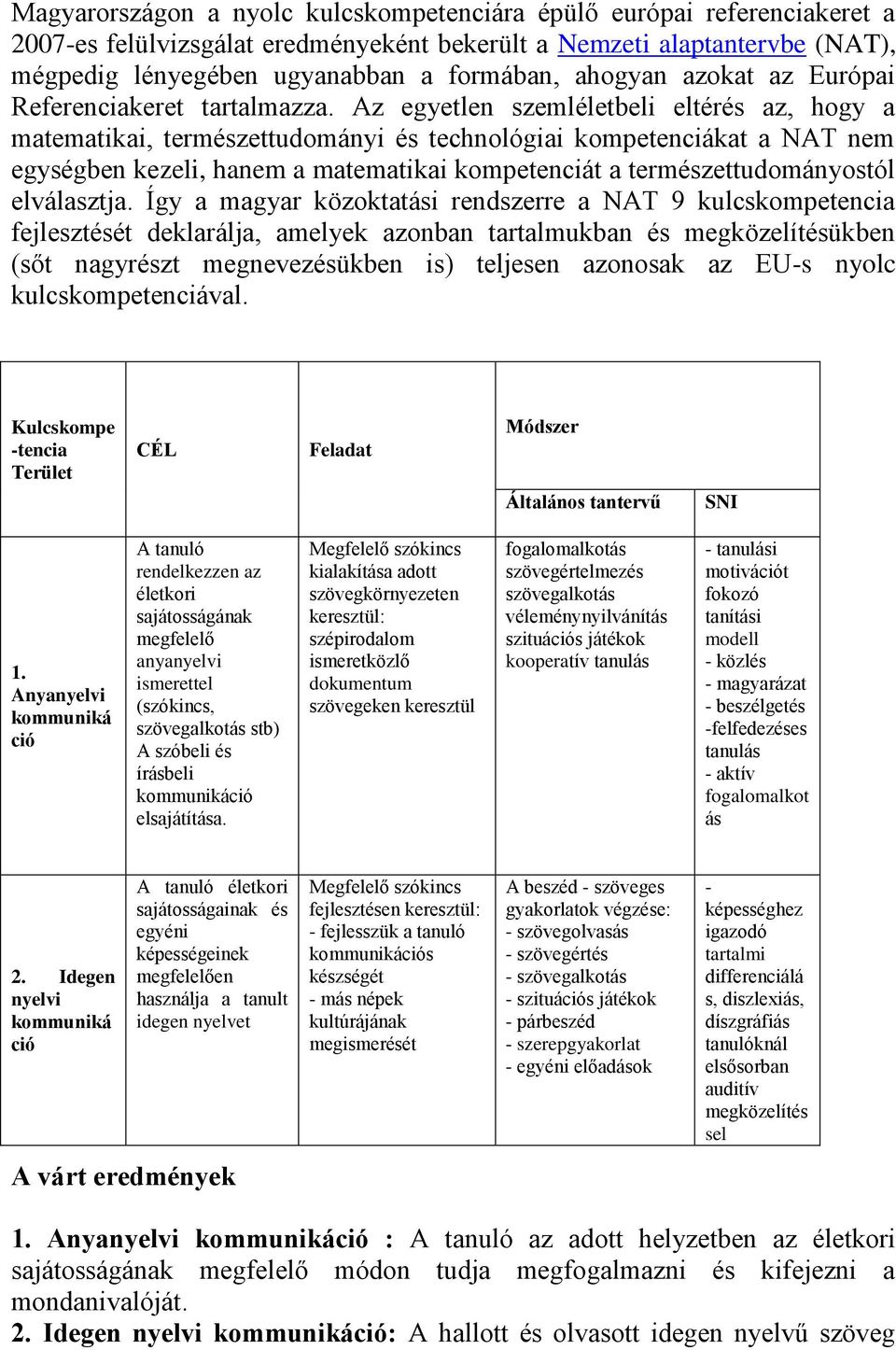 Az egyetlen szemléletbeli eltérés az, hogy a matematikai, természettudományi és technológiai kompetenciákat a NAT nem egységben kezeli, hanem a matematikai kompetenciát a természettudományostól