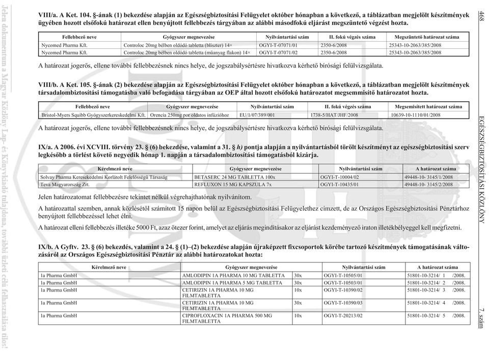 tárgyában az alábbi másodfokú eljárást megszüntetõ végzést hozta. Fellebbezõ neve Gyógyszer megnevezése Nyilvántartási szám II. fokú végzés száma Megszüntetõ határozat száma Nycomed Pharma Kft.