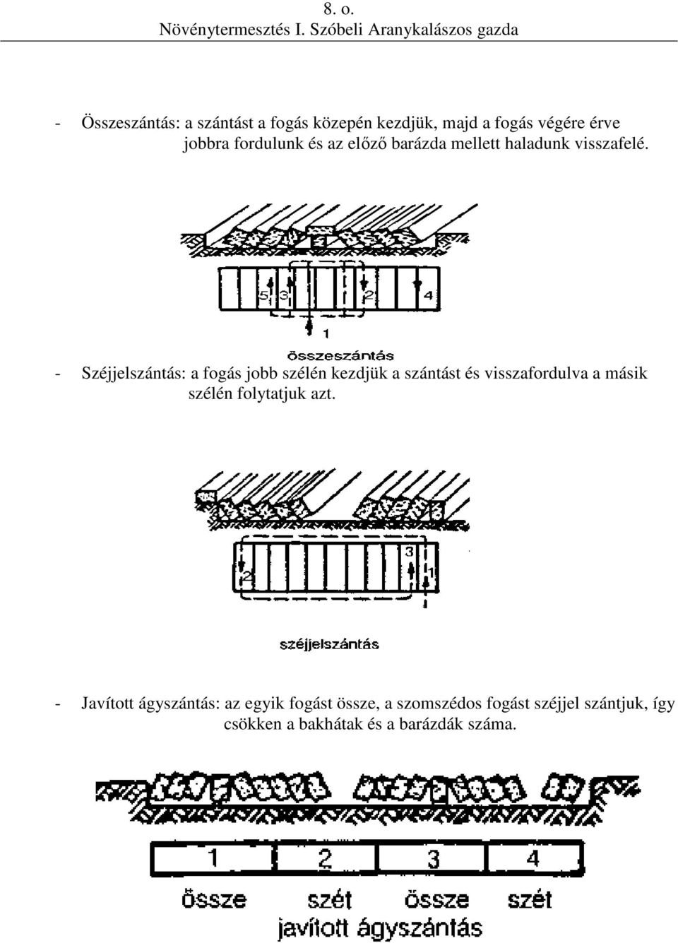 - Széjjelszántás: a fogás jobb szélén kezdjük a szántást és visszafordulva a másik szélén