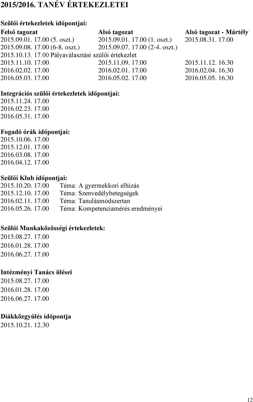 11.24. 2016.02.23. 2016.05.31. Fogadó órák időpontjai: 2015.10.06. 2015.12.01. 2016.03.08. 2016.04.12. Szülői Klub időpontjai: 2015.10.20. Téma: A gyermekkori elhízás 2015.12.10. Téma: Szenvedélybetegségek 2016.