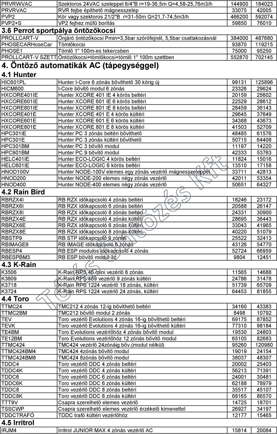 6 Perrot sportpálya öntözőkocsi PROLLCART-V Önjáró öntözőkocsi Pmin=3,5bar szórófejnél, 5,5bar csatlakozásnál 384000 487680 PHOSECARHoseCar Tömlőkocsi 93870 119215 PHOSE1 Tömlő 1" 100m-es tekercsben