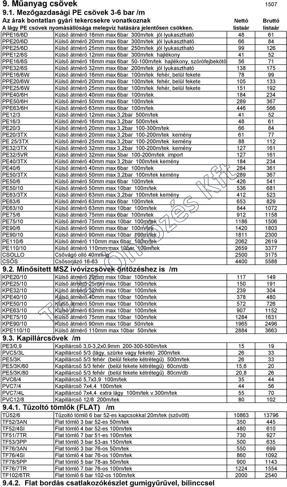 jól lyukasztható 99 126 PPE12/6S Külső átmérő 12mm max 6bar 300m/tek hajlékony 41 52 PPE16/6S Külső átmérő 16mm max 6bar 50-100m/tek hajlékony, szórófejbekötőnek, 56 mikrónak, lyukasztható 71