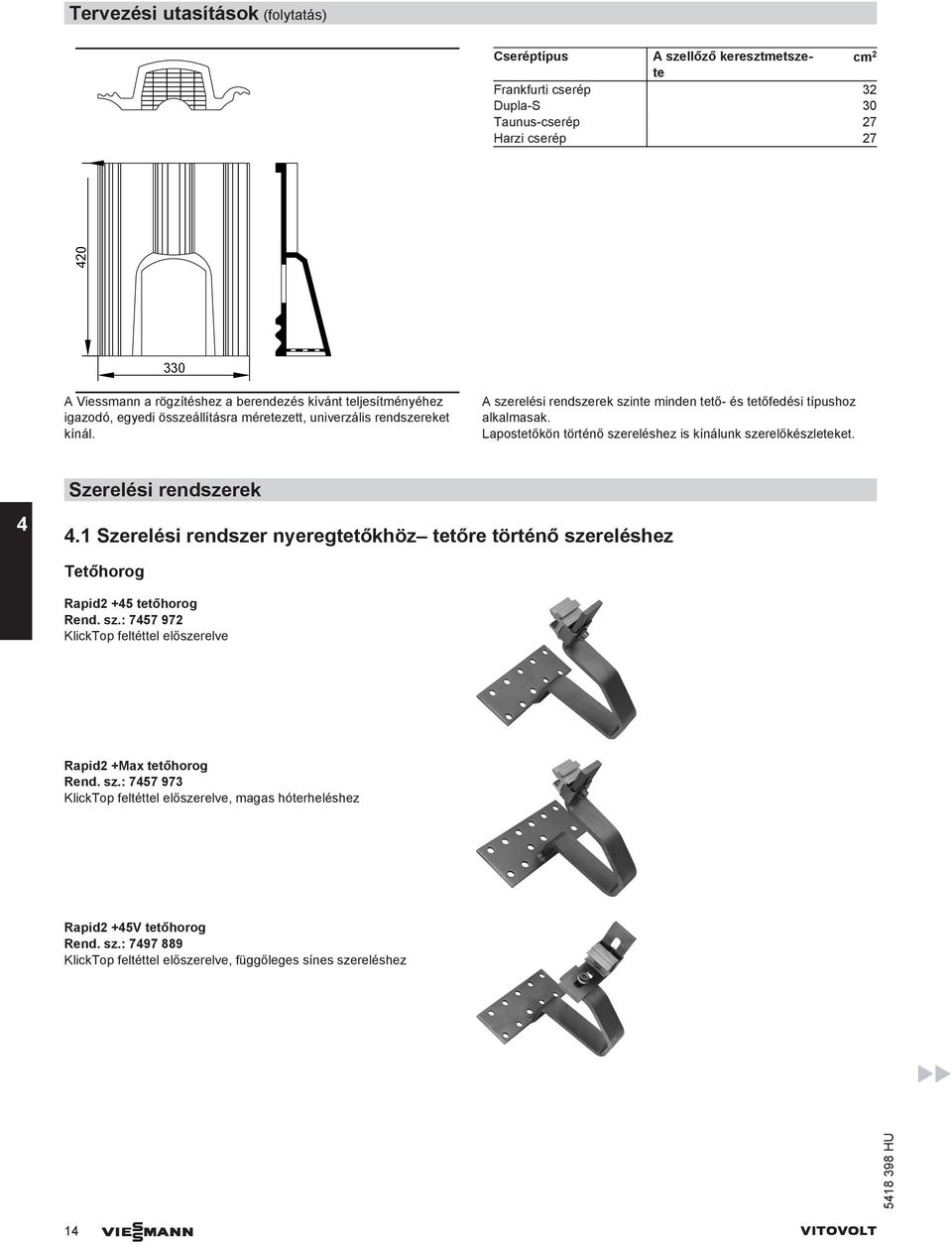 Lapostetőkön történő szereléshez is kínálunk szerelőkészleteket. 4 Szerelési rendszerek 4.1 Szerelési rendszer nyeregtetőkhöz tetőre történő szereléshez Tetőhorog Rapid2 +45 tetőhorog Rend. sz.: 7457 972 KlickTop feltéttel előszerelve Rapid2 +Max tetőhorog Rend.