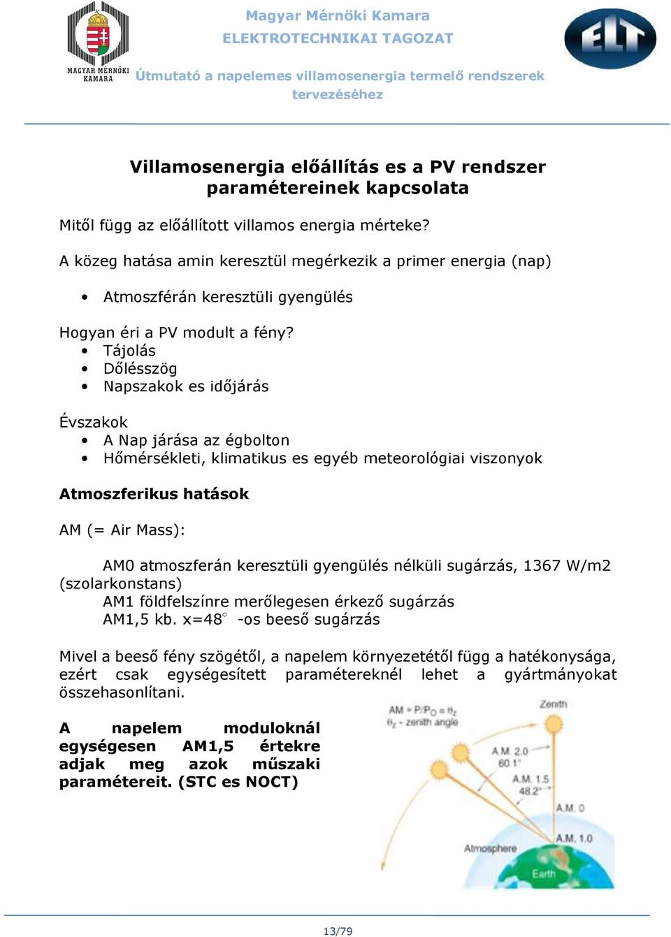 Tájolás Dőlésszög Napszakok es időjárás Évszakok A Nap járása az égbolton Hőmérsékleti, klimatikus es egyéb meteorológiai viszonyok Atmoszferikus hatások AM (= Air Mass): AM0 atmoszferán keresztüli