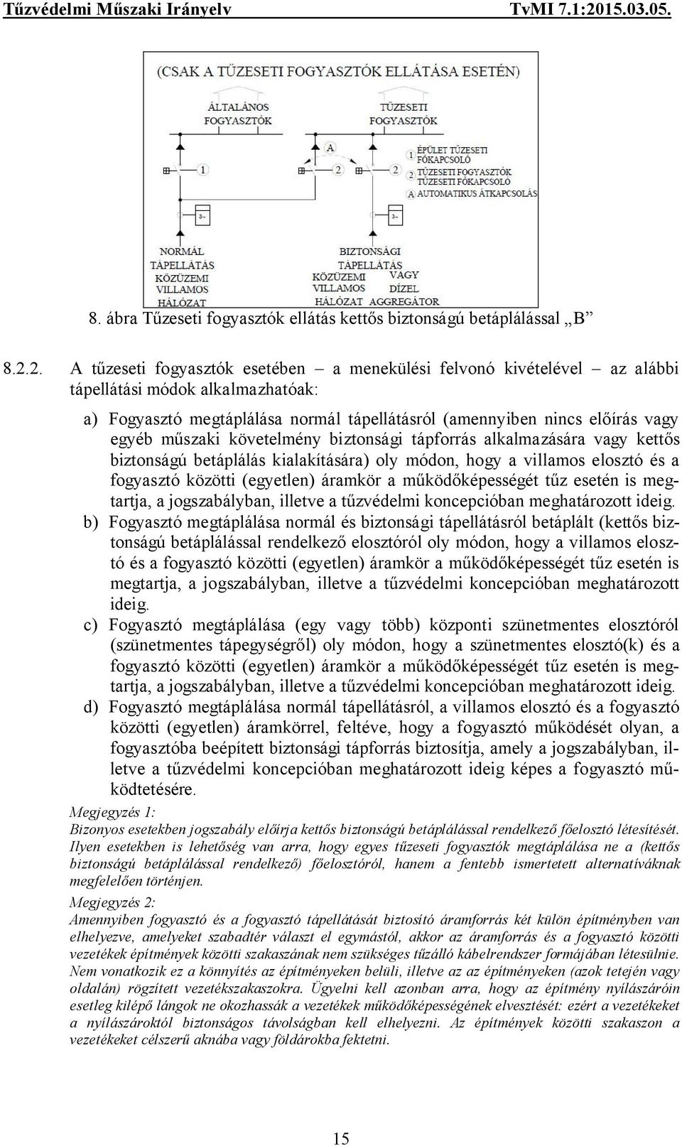 műszaki követelmény biztonsági tápforrás alkalmazására vagy kettős biztonságú betáplálás kialakítására) oly módon, hogy a villamos elosztó és a fogyasztó közötti (egyetlen) áramkör a működőképességét