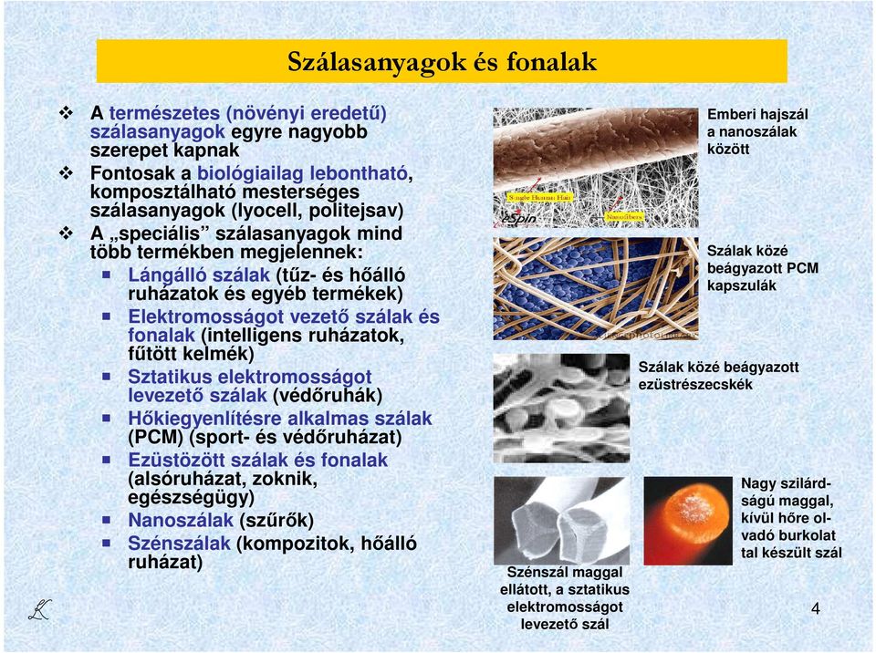 Sztatikus elektromosságot levezető szálak (védőruhák) Hőkiegyenlítésre alkalmas szálak (PCM) (sport- és védőruházat) Ezüstözött szálak és fonalak (alsóruházat, zoknik, egészségügy) Nanoszálak