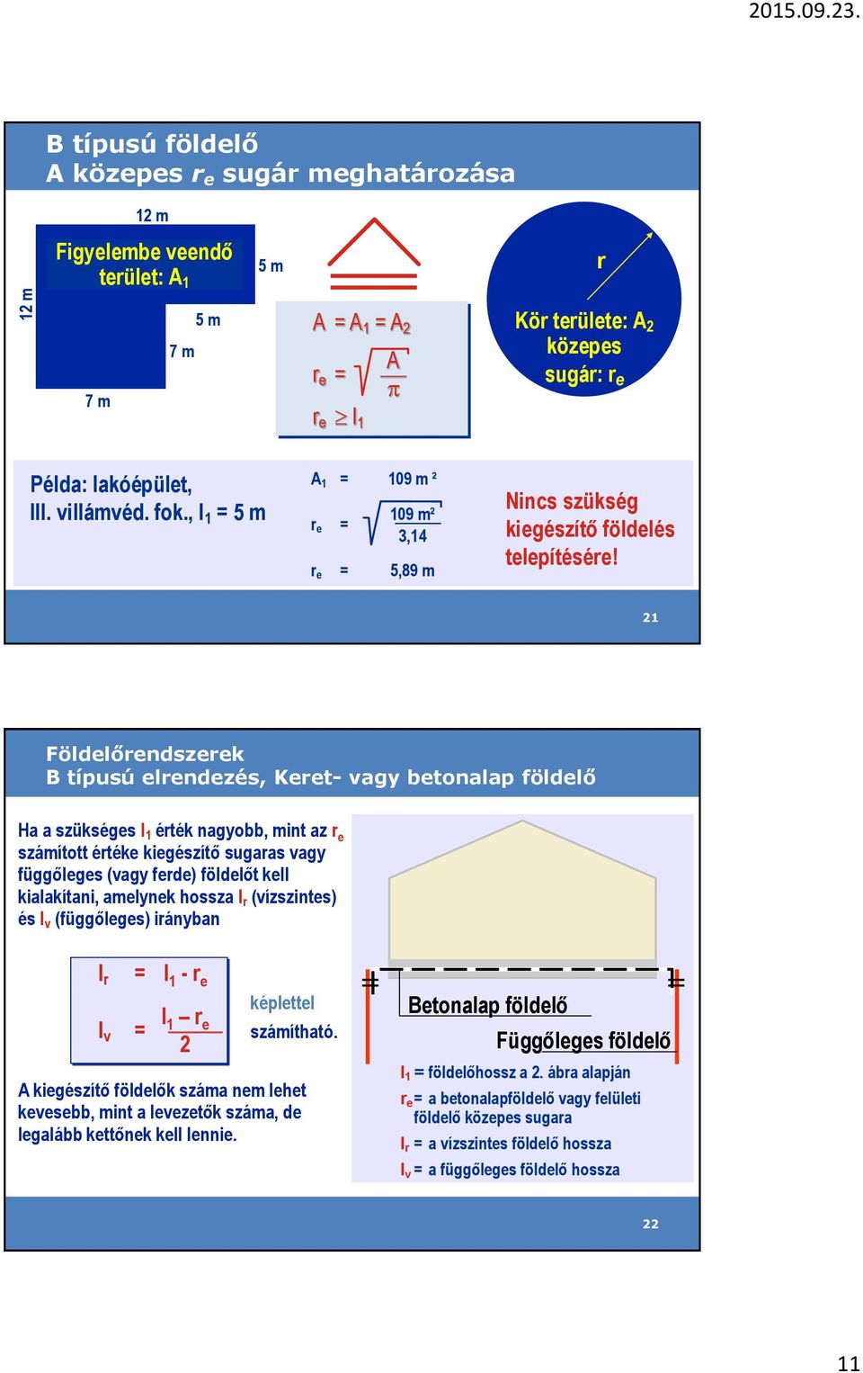 villámvéd. fok., I 1 = 5 m A 1 = 109 m ² 109 m² r e = 3,14 r e = 5,89 m Nincs szükség kiegészítő földelés telepítésére!