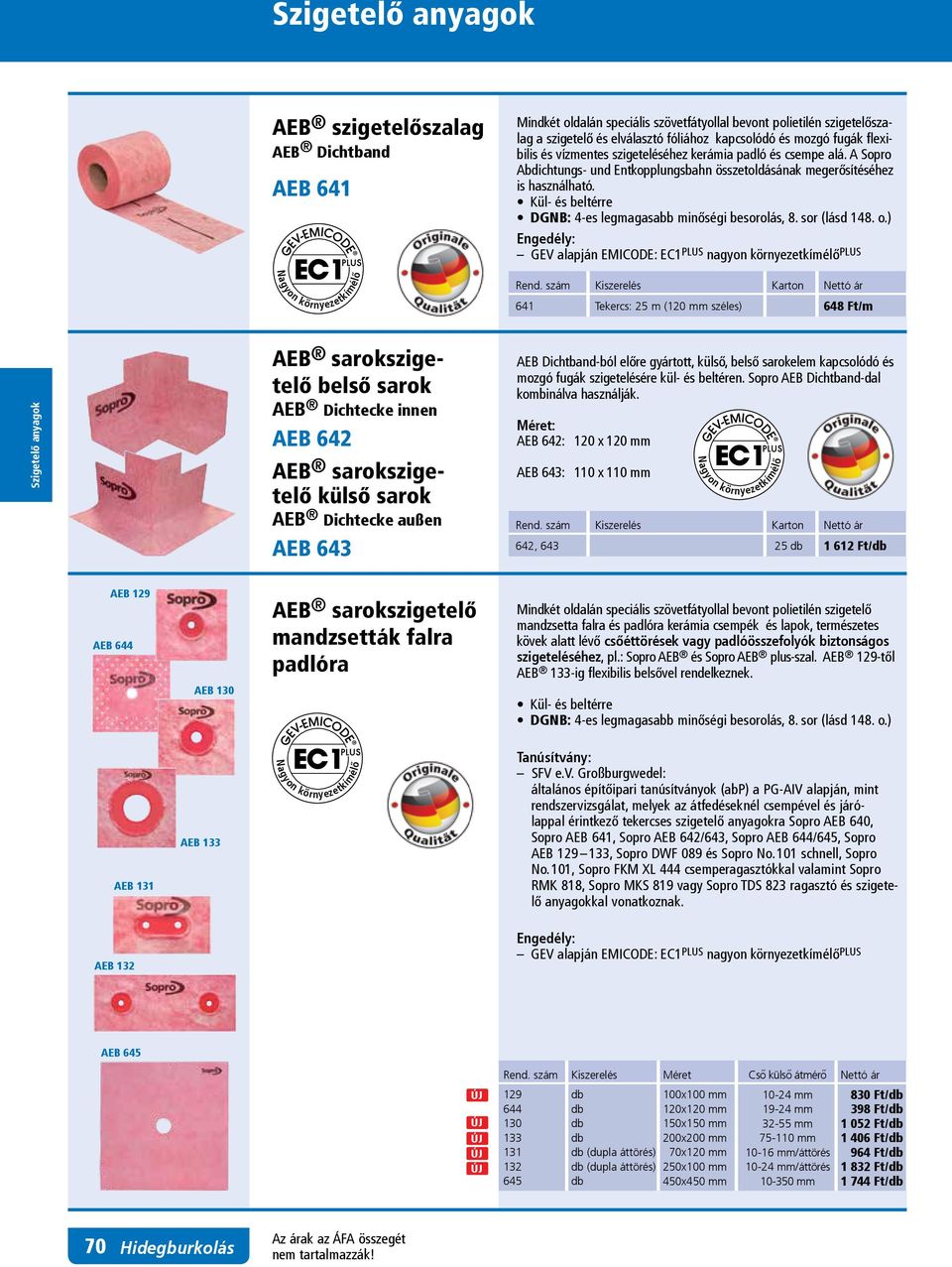 Kül- és beltérre 641 Tekercs: 25 m (120 mm széles) 648 Ft/m AEB sarokszigetelő belső sarok AEB Dichtecke innen AEB 642 AEB sarokszigetelő külső sarok AEB Dichtecke außen AEB 643 AEB Dichtband-ból