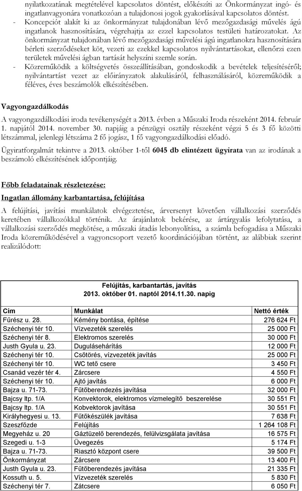 Az önkormányzat tulajdonában lévő mezőgazdasági művelési ágú ingatlanokra hasznosítására bérleti szerződéseket köt, vezeti az ezekkel kapcsolatos nyilvántartásokat, ellenőrzi ezen területek művelési