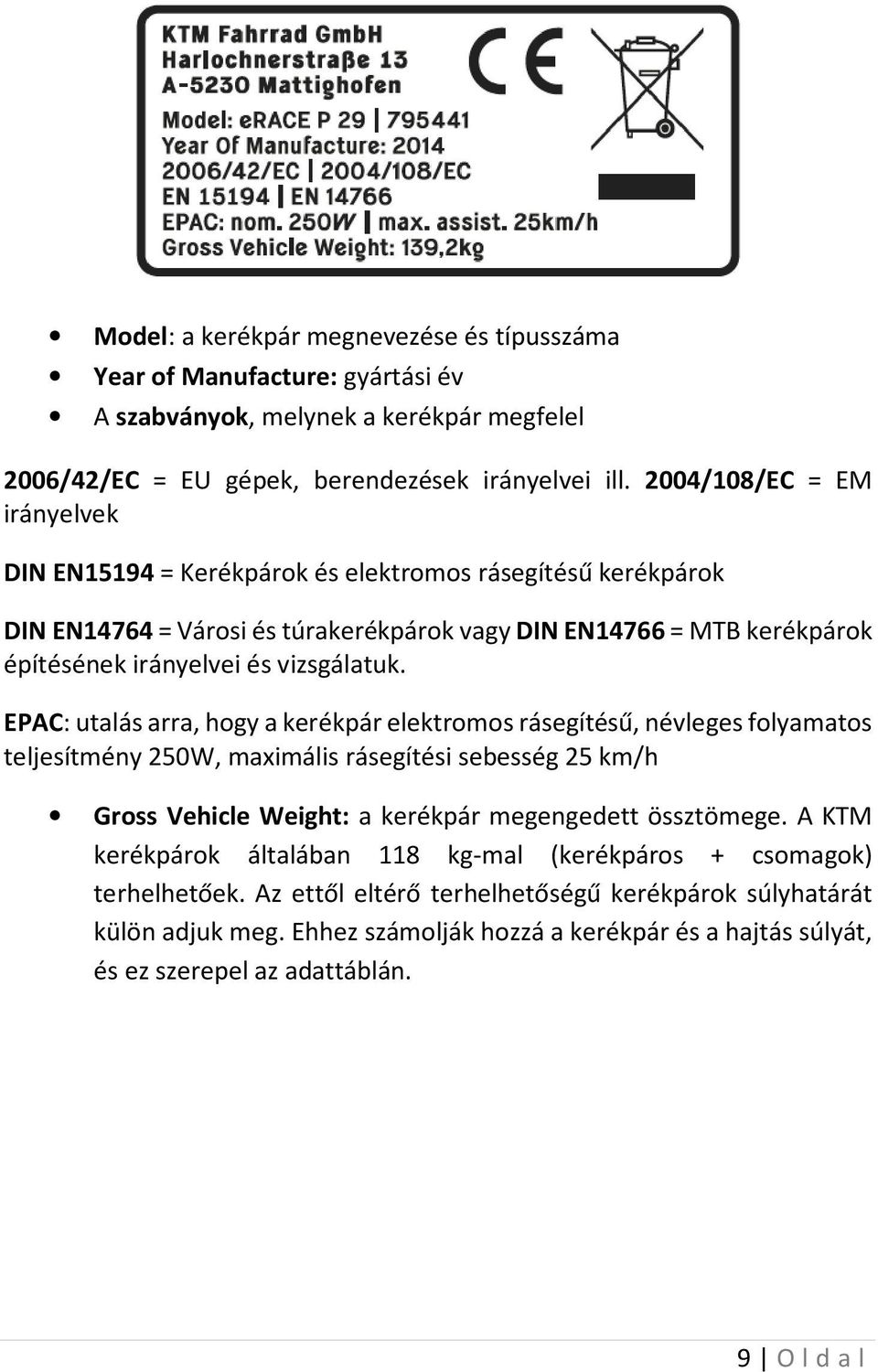 EPAC: utalás arra, hogy a kerékpár elektromos rásegítésű, névleges folyamatos teljesítmény 250W, maximális rásegítési sebesség 25 km/h Gross Vehicle Weight: a kerékpár megengedett össztömege.