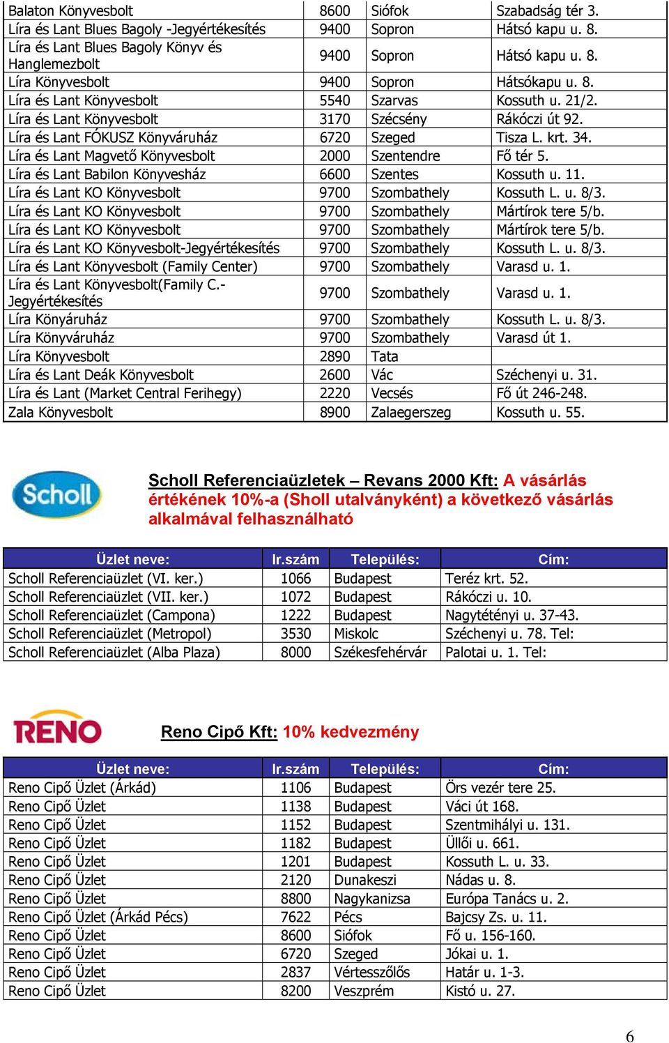 Líra és Lant Magvető Könyvesbolt 2000 Szentendre Fő tér 5. Líra és Lant Babilon Könyvesház 6600 Szentes Kossuth u. 11. Líra és Lant KO Könyvesbolt 9700 Szombathely Kossuth L. u. 8/3.