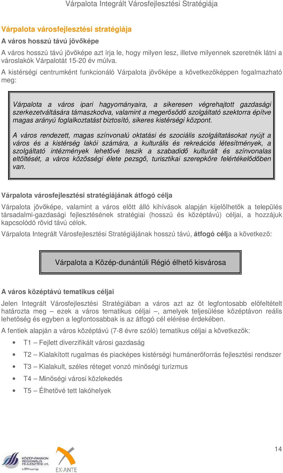 A kistérségi centrumként funkcionáló Várpalota jövőképe a következőképpen fogalmazható meg: Várpalota a város ipari hagyományaira, a sikeresen végrehajtott gazdasági szerkezetváltására támaszkodva,