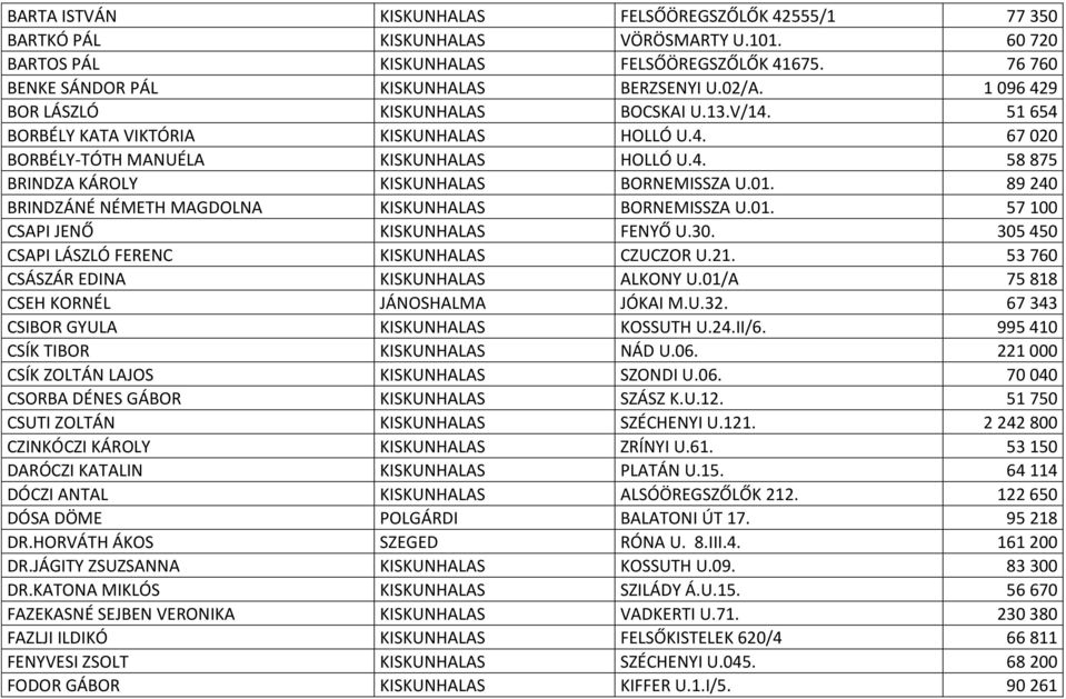 01. 89 240 BRINDZÁNÉ NÉMETH MAGDOLNA KISKUNHALAS BORNEMISSZA U.01. 57 100 CSAPI JENŐ KISKUNHALAS FENYŐ U.30. 305 450 CSAPI LÁSZLÓ FERENC KISKUNHALAS CZUCZOR U.21.