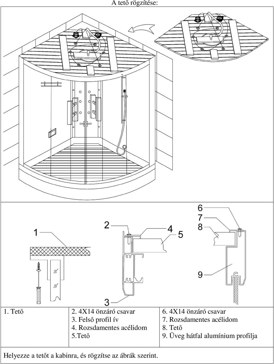 4X14 önzáró csavar 7. Rozsdamentes acélidom 8. Tető 9.