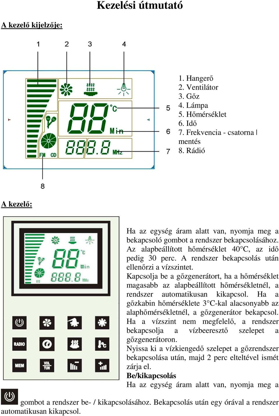 A rendszer bekapcsolás után ellenőrzi a vízszintet. Kapcsolja be a gőzgenerátort, ha a hőmérséklet magasabb az alapbeállított hőmérsékletnél, a rendszer automatikusan kikapcsol.