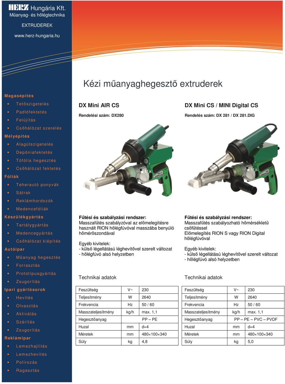 1,1 Hegesztőanyag Huzal mm d=4 PP PE Méretek mm 480 100 340 Súly kg 4,8 DX Mini CS / MINI Digital CS Rendelés szám: DX 281 / DX 281.