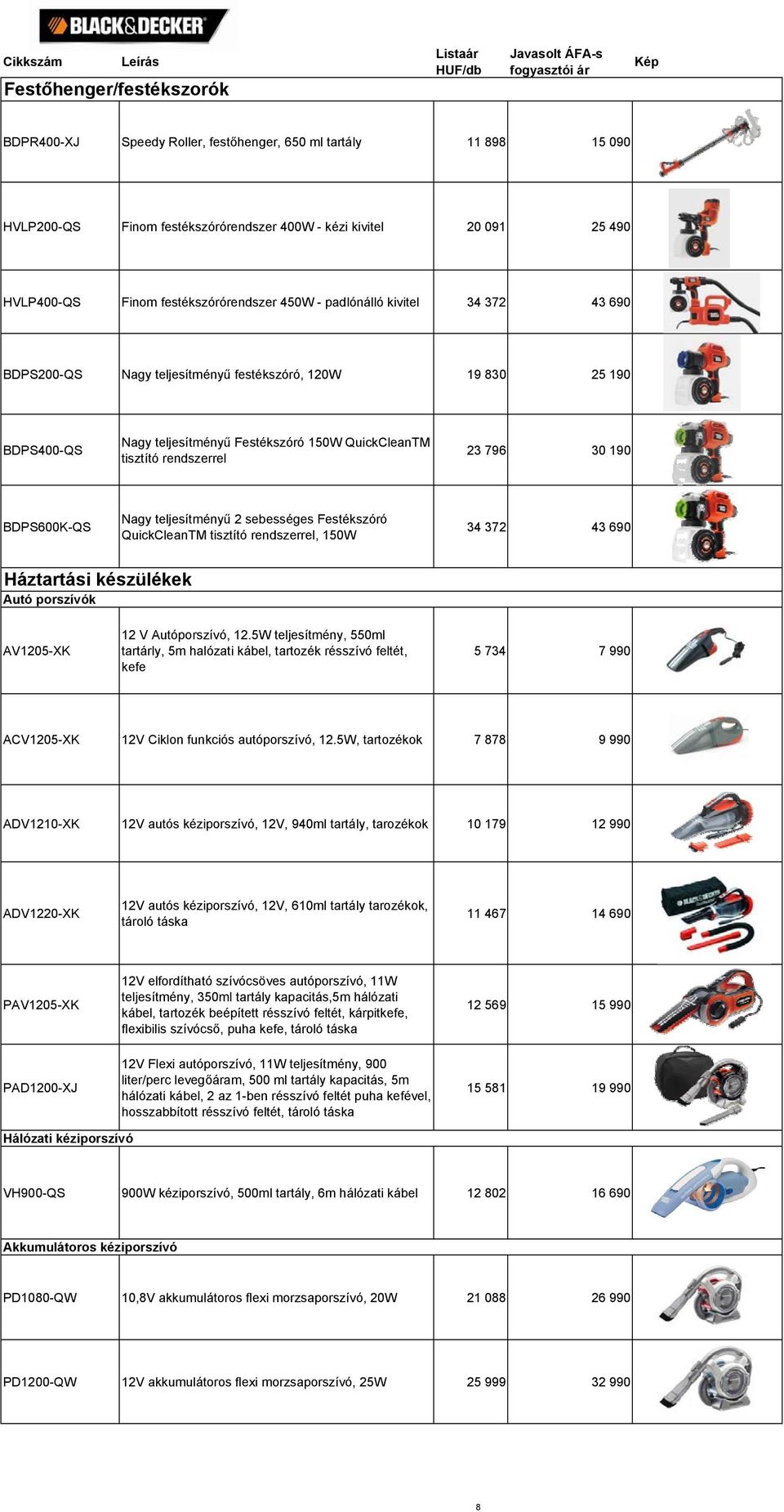 rendszerrel 23 796 30 190 BDPS600K-QS Nagy teljesítményű 2 sebességes Festékszóró QuickCleanTM tisztító rendszerrel, 150W 34 372 43 690 Háztartási készülékek Autó porszívók AV1205-XK 12 V