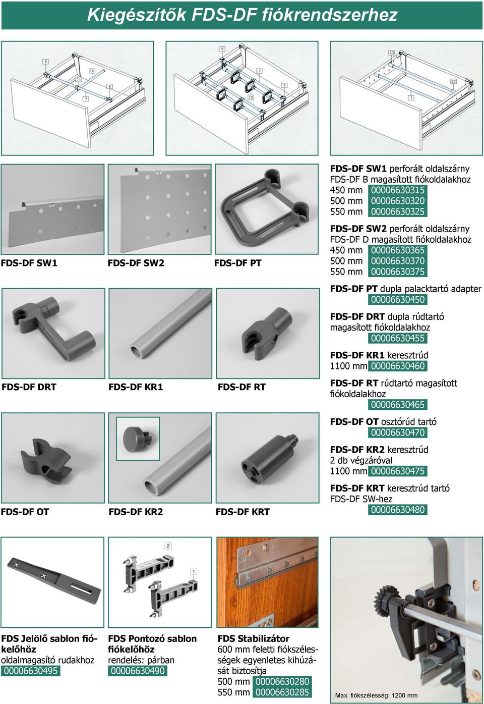 magasított fiókoldalakhoz 00006630455 FDS-DF KR1 keresztrúd 1100 mm 00006630460 FDS-DF DRT FDS-DF KR1 FDS-DF RT FDS-DF OT FDS-DF KR2 FDS-DF KRT FDS-DF RT rúdtartó magasított fiókoldalakhoz