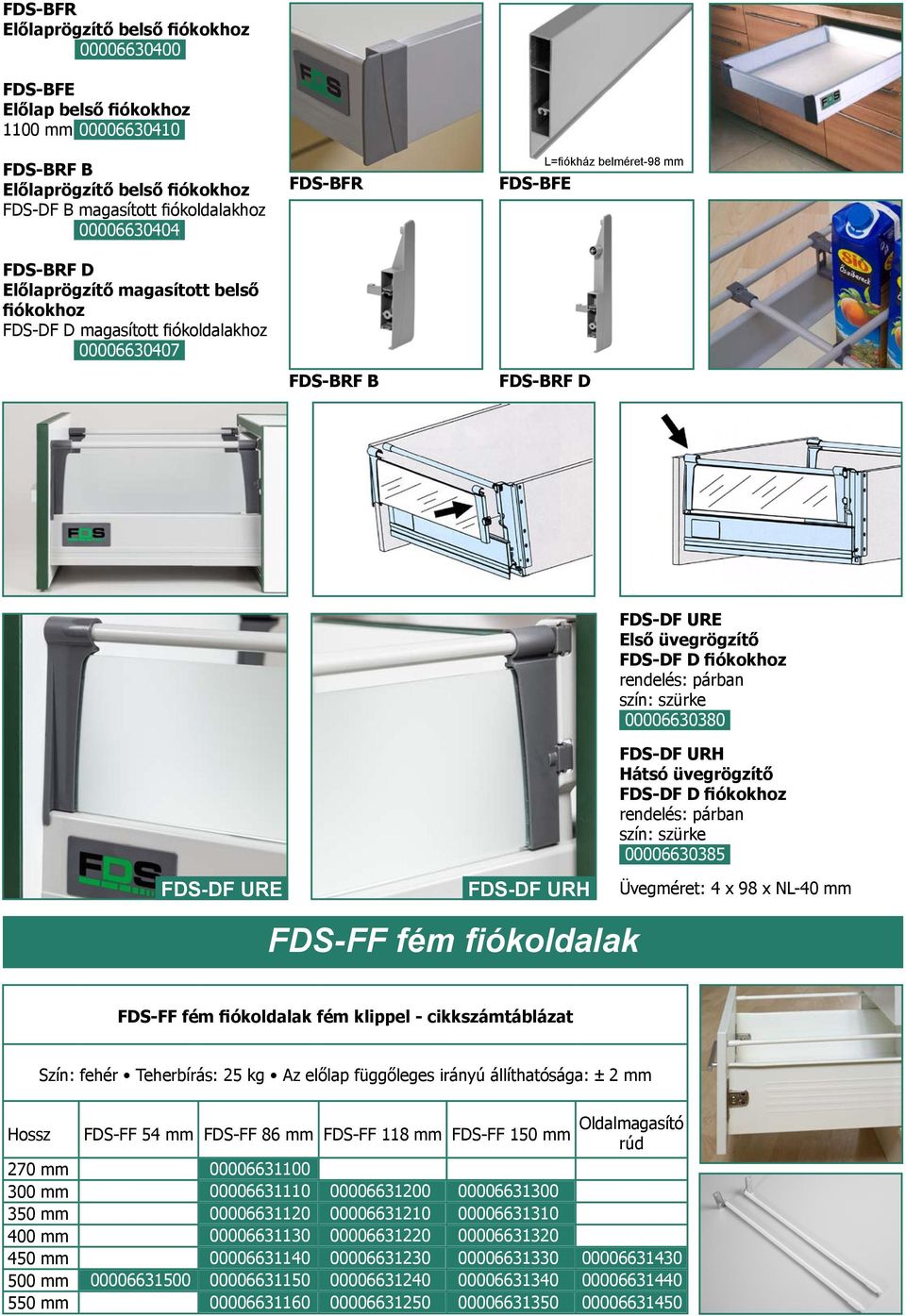 szín: szürke 00006630380 FDS-DF URH Hátsó üvegrögzítő FDS-DF D fiókokhoz rendelés: párban szín: szürke 00006630385 FDS-DF URE FDS-DF URH Üvegméret: 4 x 98 x NL-40 mm FDS-FF fém fiókoldalak FDS-FF fém