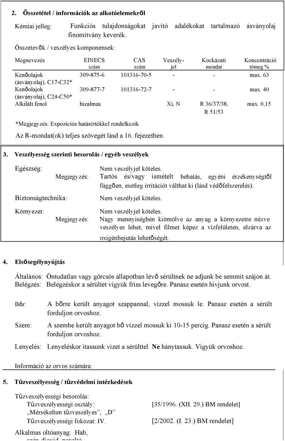 63 (ásványolaj), C17-C32* Kenõolajok 309-877-7 101316-72-7 - - max. 40 (ásványolaj), C24-C50* Alkilált fenol bizalmas Xi, N R 36/37/38, max.