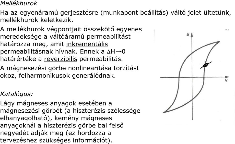 Ennek a H 0 határértéke a reverzibilis permeabilitás. A mágnesezési görbe nonlinearitása torzítást okoz, felharmonikusok generálódnak.