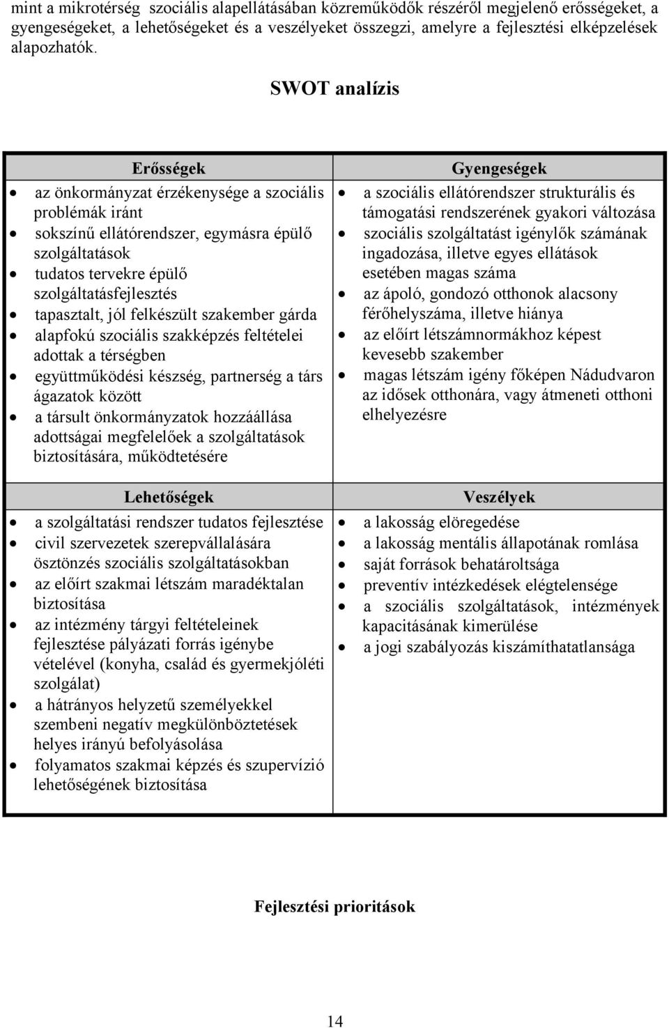 felkészült szakember gárda alapfokú szociális szakképzés feltételei adottak a térségben együttműködési készség, partnerség a társ ágazatok között a társult önkormányzatok hozzáállása adottságai