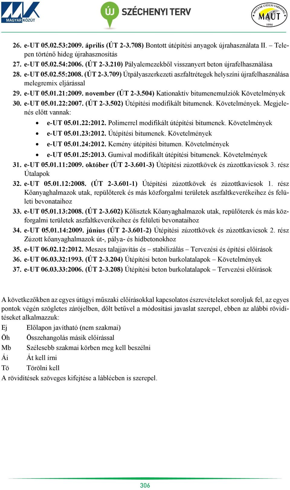 504) Kationaktív bitumenemulziók Követelmények 30. e-ut 05.01.22:2007. (ÚT 2-3.502) Útépítési modifikált bitumenek. Követelmények. Megjelenés előtt vannak: e-ut 05.01.22:2012.