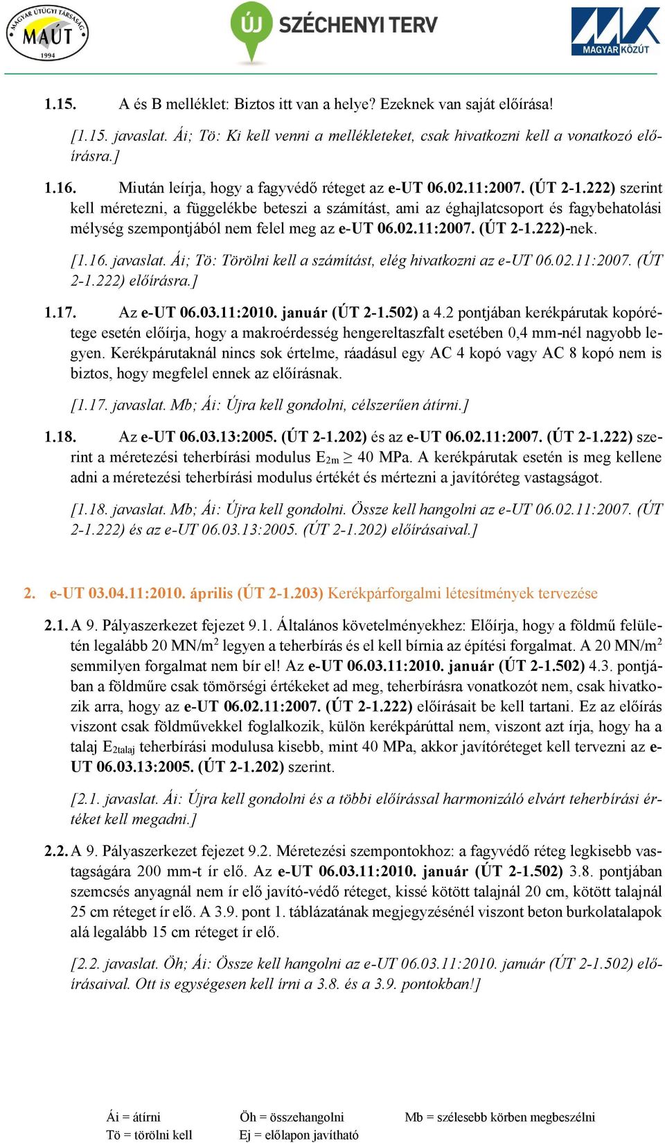 222) szerint kell méretezni, a függelékbe beteszi a számítást, ami az éghajlatcsoport és fagybehatolási mélység szempontjából nem felel meg az e-ut 06.02.11:2007. (ÚT 2-1.222)-nek. [1.16. javaslat.