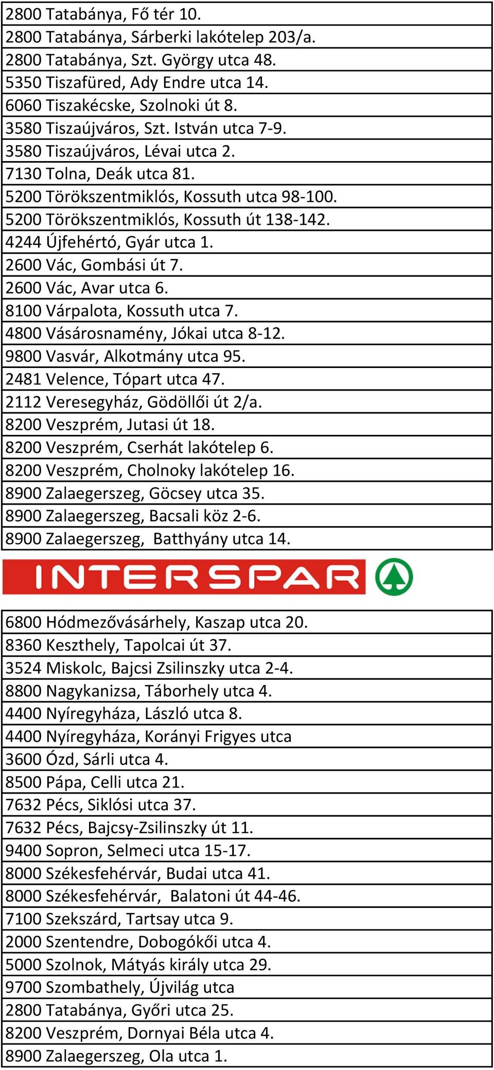 2600 Vác, Gombási út 7. 2600 Vác, Avar utca 6. 8100 Várpalota, Kossuth utca 7. 4800 Vásárosnamény, Jókai utca 8-12. 9800 Vasvár, Alkotmány utca 95. 2481 Velence, Tópart utca 47.