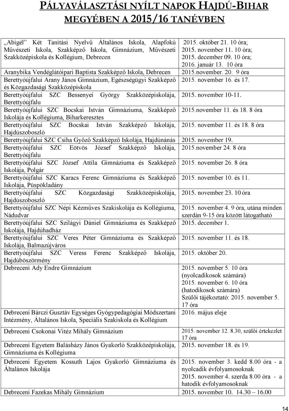 Aranybika Vendéglátóipari Baptista Szakképző Iskola, Debrecen Berettyóújfalui Arany János Gimnázium, Egészségügyi Szakképző és Közgazdasági Szakközépiskola Berettyóújfalui SZC Bessenyei György