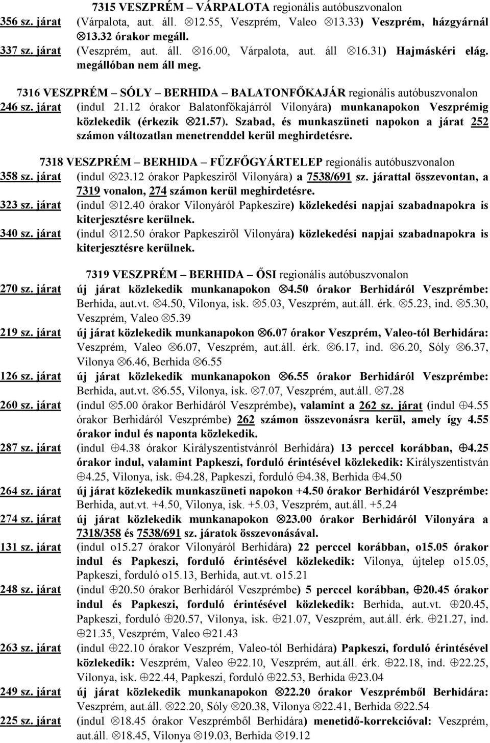 Szabad, és munkaszüneti napokon a járat 252 számon változatlan menetrenddel kerül meghirdetésre. 7318 VESZPRÉM BERHIDA FŰZFŐGYÁRTELEP 358 sz. járat (indul 23.