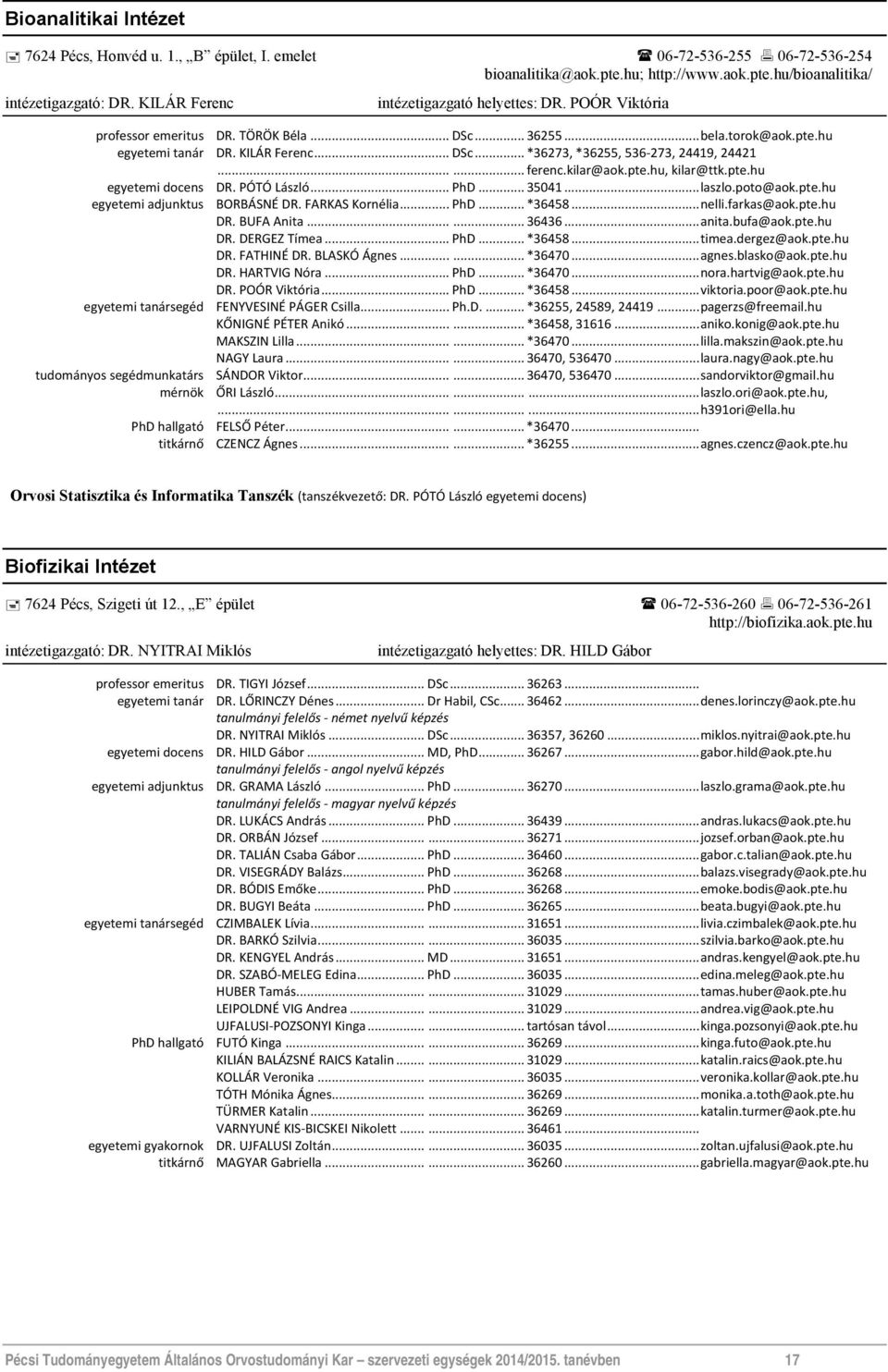 ..... ferenc.kilar@aok.pte.hu, kilar@ttk.pte.hu egyetemi docens DR. PÓTÓ László... PhD... 35041... laszlo.poto@aok.pte.hu egyetemi adjunktus BORBÁSNÉ DR. FARKAS Kornélia... PhD... *36458... nelli.