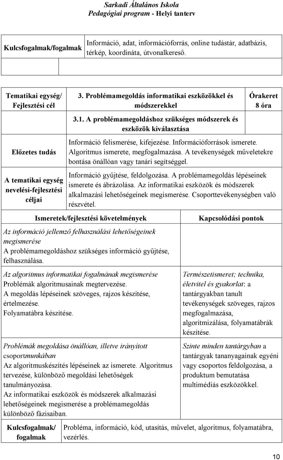 A tevékenységek műveletekre bontása önállóan vagy tanári segítséggel. Információ gyűjtése, feldolgozása. A problémamegoldás lépéseinek ismerete és ábrázolása.