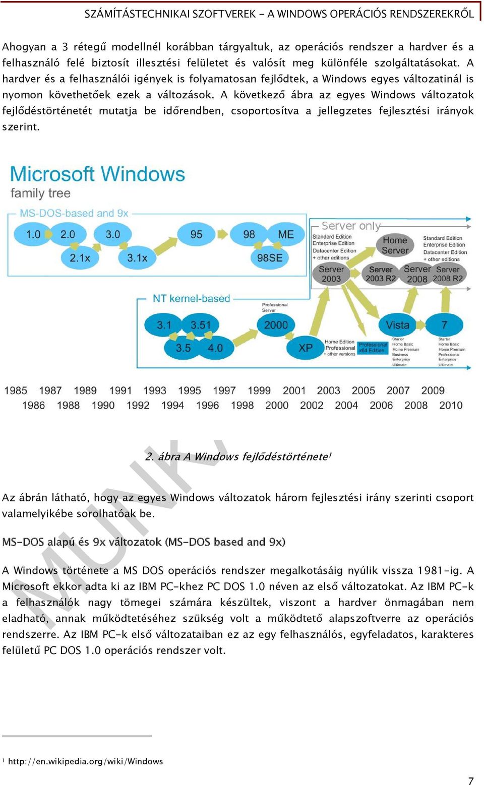 A következő ábra az egyes Windows változatok fejlődéstörténetét mutatja be időrendben, csoportosítva a jellegzetes fejlesztési irányok szerint. 2.