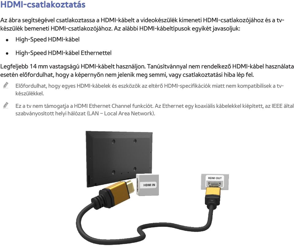 Tanúsítvánnyal nem rendelkező HDMI-kábel használata esetén előfordulhat, hogy a képernyőn nem jelenik meg semmi, vagy csatlakoztatási hiba lép fel.