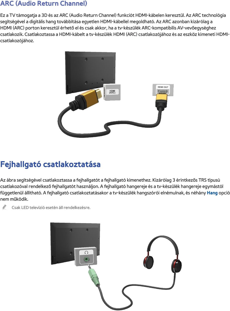 Az ARC azonban kizárólag a HDMI (ARC) porton keresztül érhető el és csak akkor, ha a tv-készülék ARC-kompatibilis AV-vevőegységhez csatlakozik.